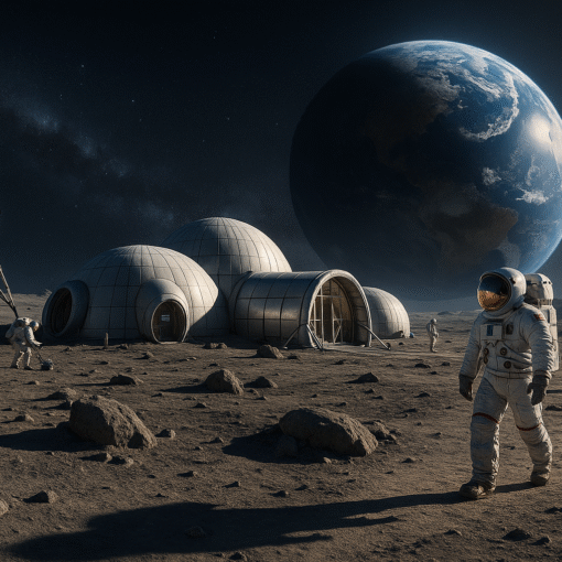Futuristic moon base with astronauts exploring the lunar surface, with Earth glowing in the background.