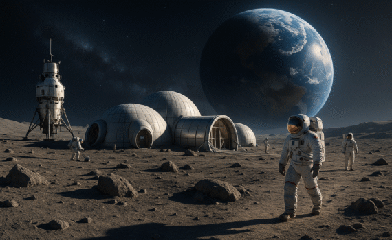Futuristic moon base with astronauts exploring the lunar surface, with Earth glowing in the background.