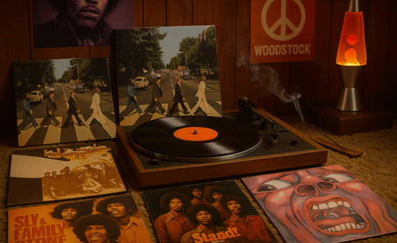 Vintage 1969 record player surrounded by classic vinyl albums including Abbey Road, Led Zeppelin II, Stand! by Sly and the Family Stone, and In the Court of the Crimson King, with a lava lamp and Woodstock poster in the background.