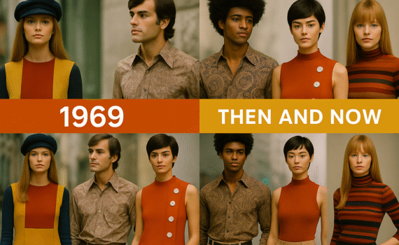 Side-by-side comparison of 1969 fashion and modern styles, featuring retro patterns, bold colors, and contemporary updates.