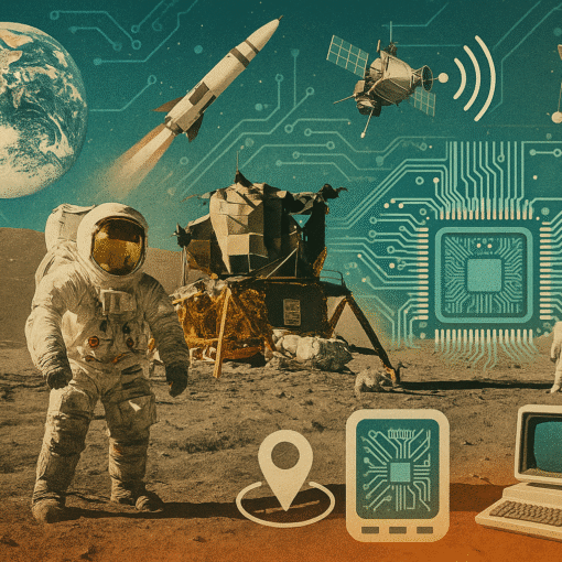 Collage of the 1969 moon landing and modern technology, featuring an astronaut, Lunar Module, satellites, microchips, and a vintage computer with Earth in the background.