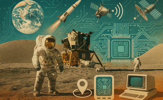 Collage of the 1969 moon landing and modern technology, featuring an astronaut, Lunar Module, satellites, microchips, and a vintage computer with Earth in the background.
