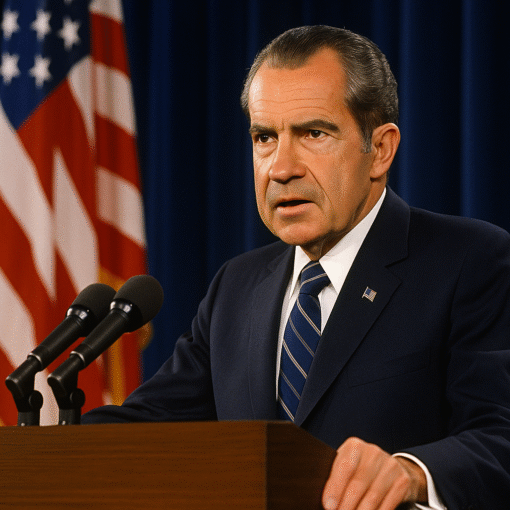 President Richard Nixon standing at a podium, addressing the American public during the early 1970s, with the U.S. Capitol in the background.