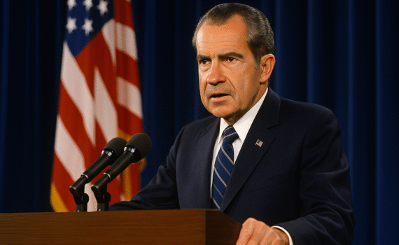 President Richard Nixon standing at a podium, addressing the American public during the early 1970s, with the U.S. Capitol in the background.