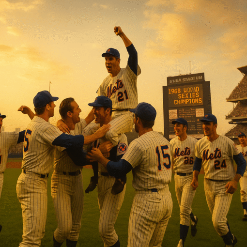 The 1969 New York Mets celebrating on the field at Shea Stadium after winning the World Series, with fans erupting in the stands under a golden sunset sky.