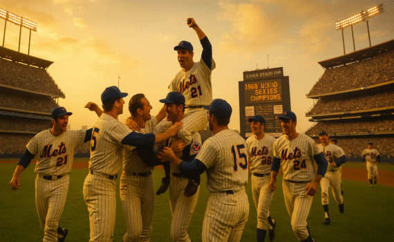 The 1969 New York Mets celebrating on the field at Shea Stadium after winning the World Series, with fans erupting in the stands under a golden sunset sky.