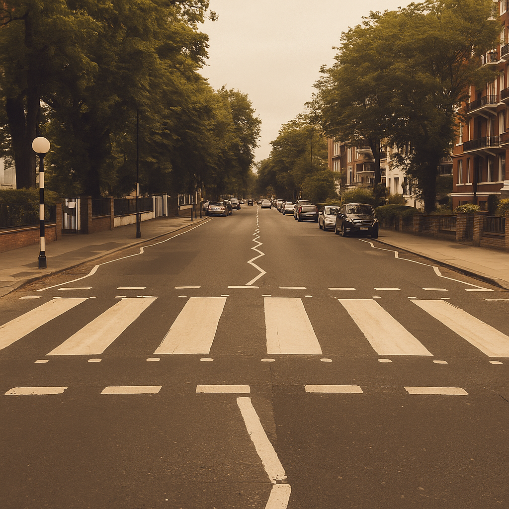 Famous Abbey Road zebra crossing in London, made iconic by The Beatles’ 1969 album cover, shown on a quiet street with vintage tones.