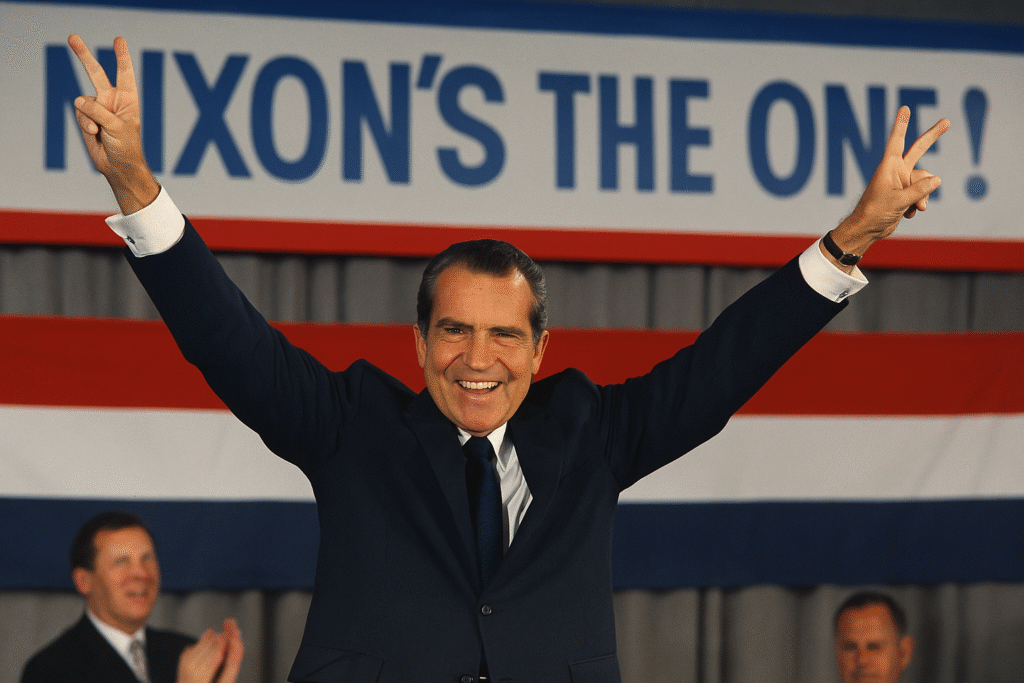 Richard Nixon campaigning for president in 1968, surrounded by American flags and supporters during a time of national upheaval.