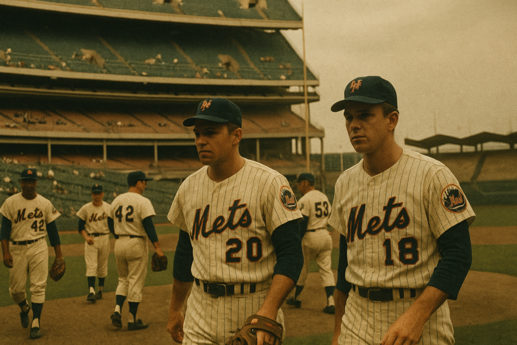arly 1960s New York Mets players standing near dugout at Shea Stadium, reflecting the team’s humble beginnings and underdog reputation.
