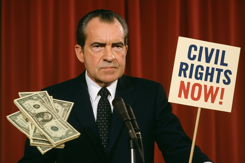 Illustration of President Richard Nixon overlaid with symbols of 1970s economic policy, civil rights protests, and the birth of the EPA.