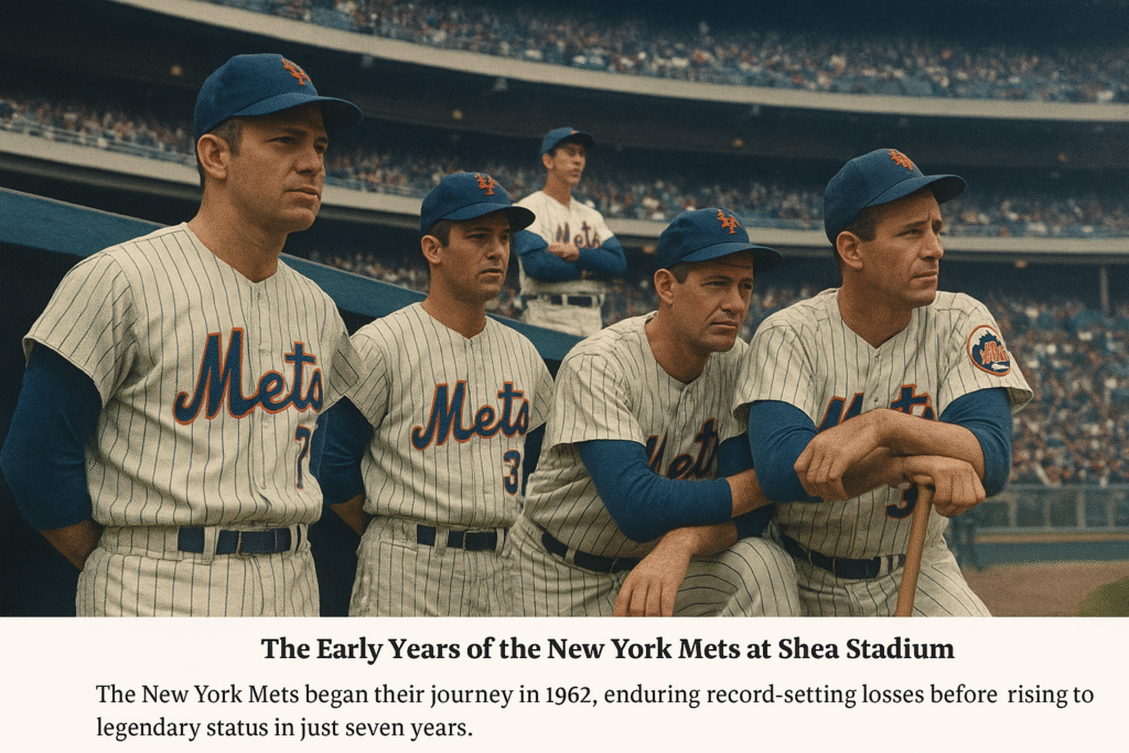 Portrait-style photo of key 1969 Mets players, including Tom Seaver and Jerry Koosman, standing on the field in classic uniforms.