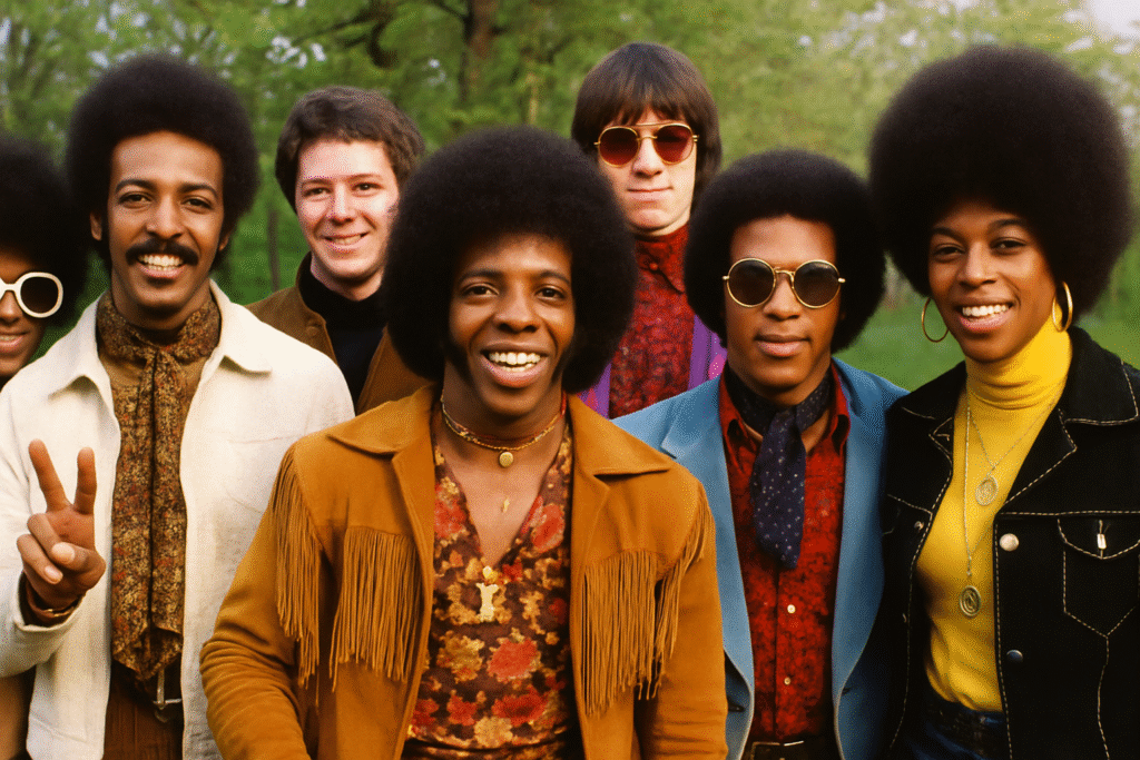 Sly and the Family Stone smiling outdoors in colorful 1969 fashion, celebrating their groundbreaking message of unity and funk-driven sound.