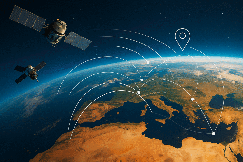 Satellites orbiting Earth with communication lines connecting different global locations, symbolizing the technological legacy of the Apollo missions.