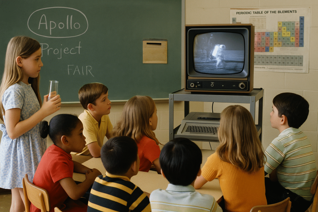 Diverse group of children in a 1960s classroom watching the Apollo moon landing on a black-and-white television next to a chalkboard reading “Apollo Project.”