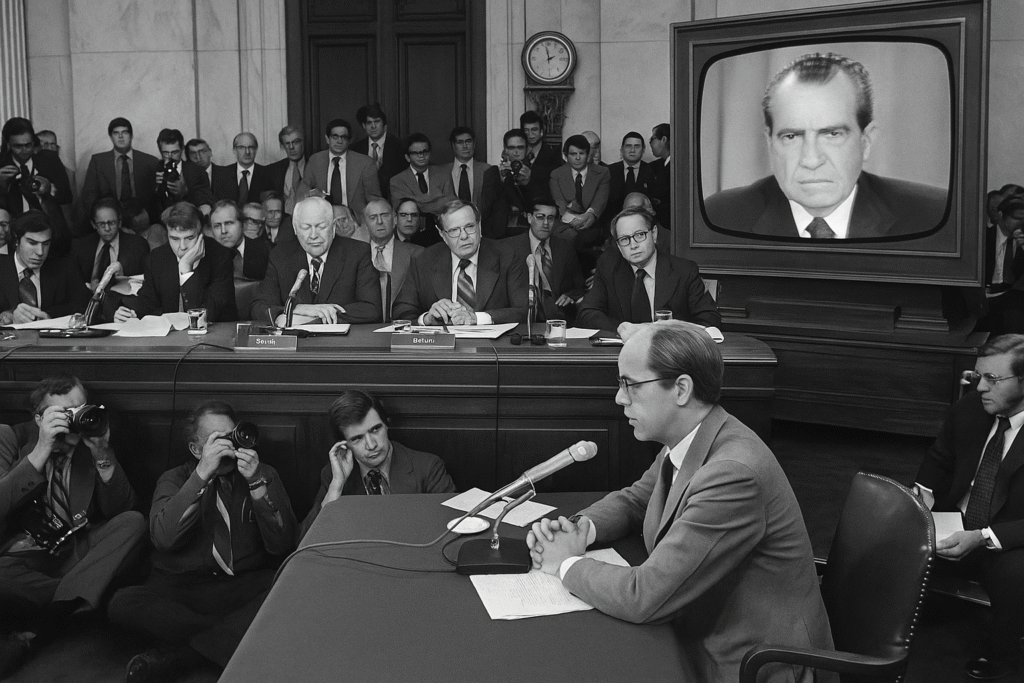 Illustration of U.S. congressional hearings during the Watergate scandal, symbolizing the investigation that led to President Nixon’s resignation.