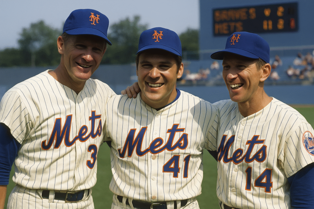 New York Mets fans holding commemorative banners and memorabilia honoring the 1969 World Series champions, celebrating decades after the victory.