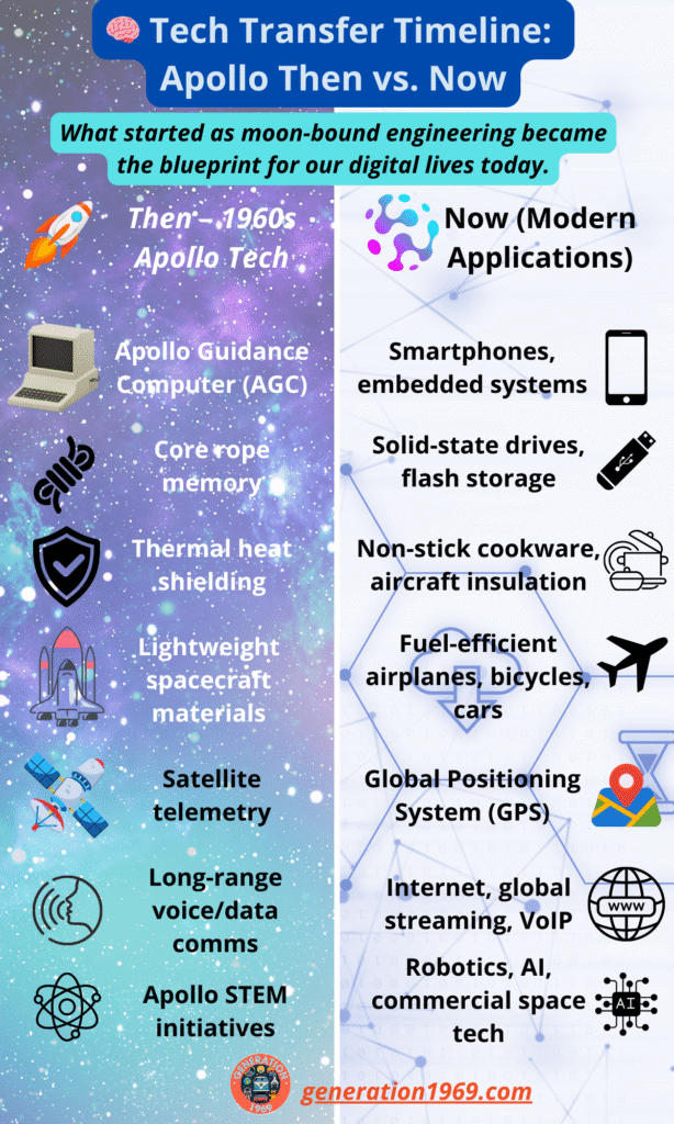 Infographic comparing 1960s Apollo space technology with modern innovations like smartphones, GPS, and AI.
