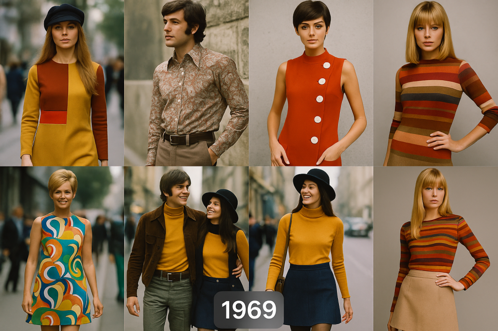 Fashion collage from 1969 featuring men and women in vibrant, retro styles, including mini dresses, bold patterns, turtlenecks, and vintage color palettes.