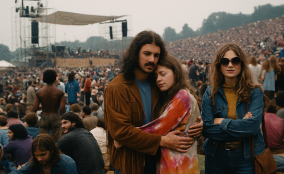 A photograph captures a moment at the Woodstock music festival in 1969, showing a peaceful crowd of festival-goers on a grassy hillside.