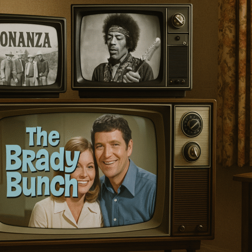 Four vintage television sets from 1969 display shows like The Brady Bunch, Bonanza, Star Trek, and Gomer Pyle in a cozy, retro living room.
