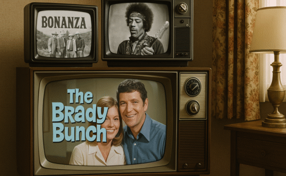 Four vintage television sets from 1969 display shows like The Brady Bunch, Bonanza, Star Trek, and Gomer Pyle in a cozy, retro living room.