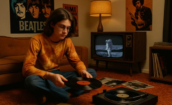 A 1960s teenager sitting in a bedroom surrounded by vinyl records, posters of The Beatles and Jimi Hendrix, a TV showing the moon landing, and retro furniture—evoking everyday life in 1969.