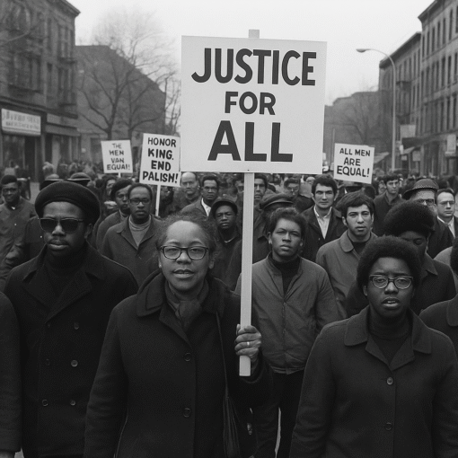 A historical black and white photograph captures a civil rights march in 1969, with a diverse group of demonstrators holding protest signs and walking peacefully through a city street.