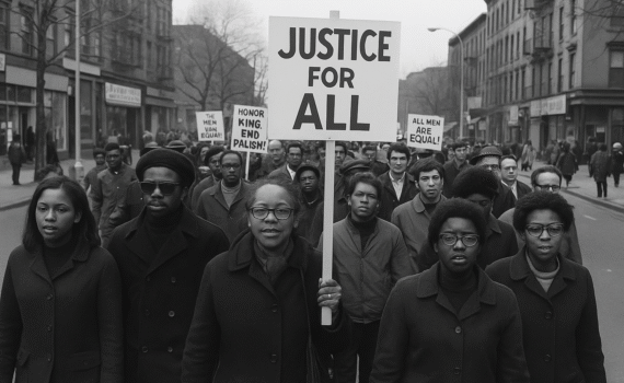 A historical black and white photograph captures a civil rights march in 1969, with a diverse group of demonstrators holding protest signs and walking peacefully through a city street.