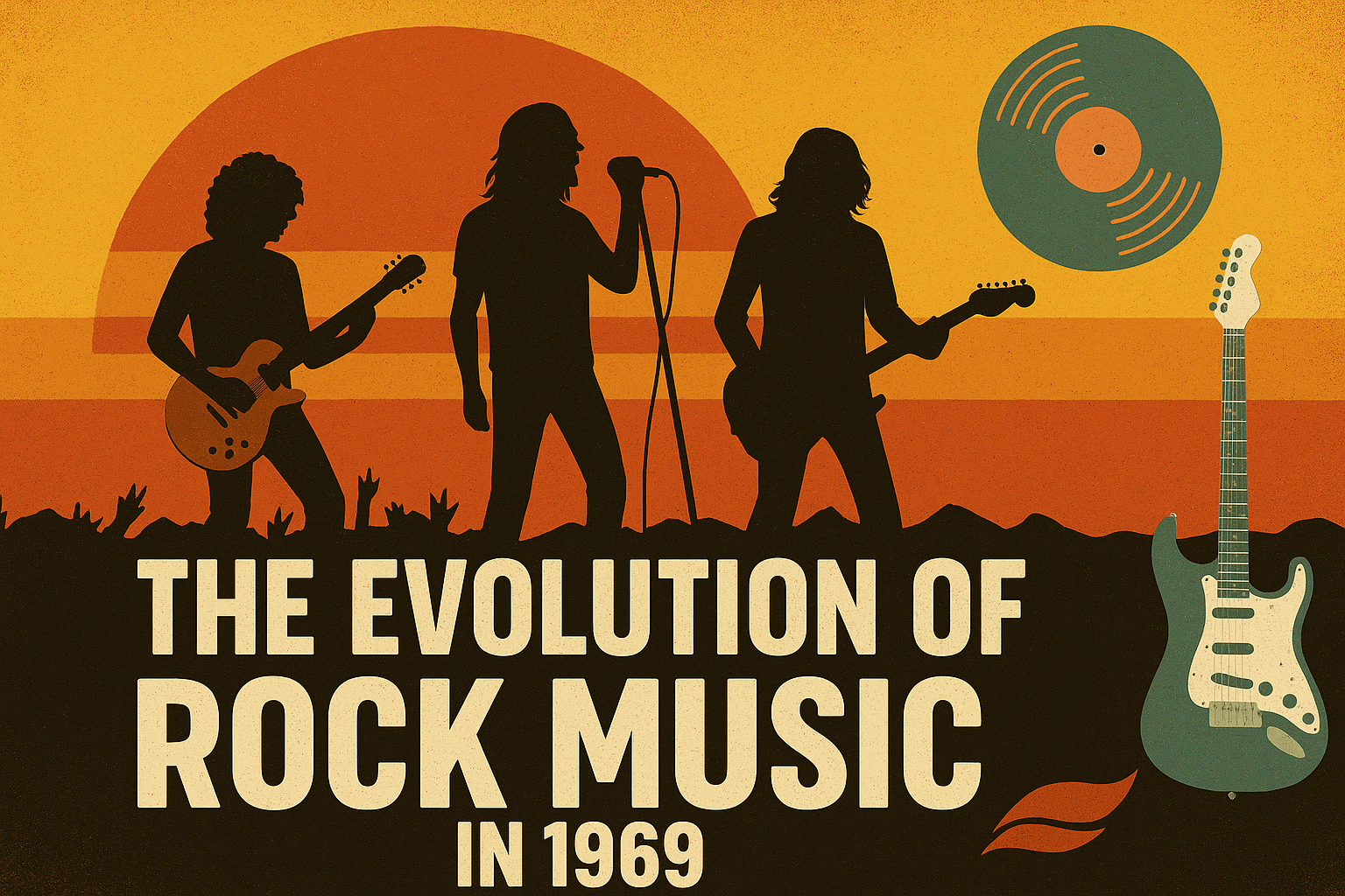 Retro-styled poster with silhouettes of three rock musicians performing in front of a sunset, with a vinyl record and electric guitar graphic and the title “The Evolution of Rock Music in 1969.”