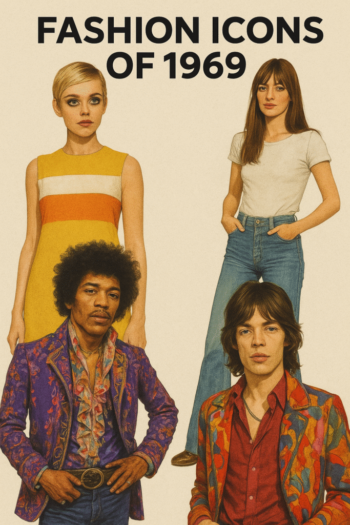 A collage featuring prominent 1969 fashion and music icons including Twiggy, Jane Birkin, Jimi Hendrix, and Mick Jagger, representing the bold and diverse styles of the era.