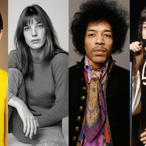 A 1969 collage featuring Twiggy, Jimi Hendrix, Jane Birkin, and Steve McQueen, symbolizing the fashion and cultural icons of the era.