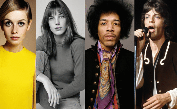 A 1969 collage featuring Twiggy, Jimi Hendrix, Jane Birkin, and Steve McQueen, symbolizing the fashion and cultural icons of the era.