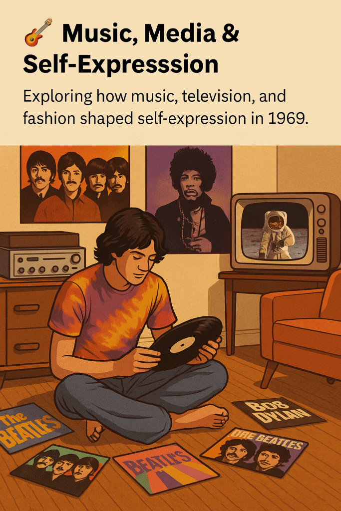A colorful 1969 collage showing a record store, TV set playing âThe Brady Bunch,â a tie-dye shirt, a moon landing broadcast, and young people wearing bell-bottoms and peace signs.