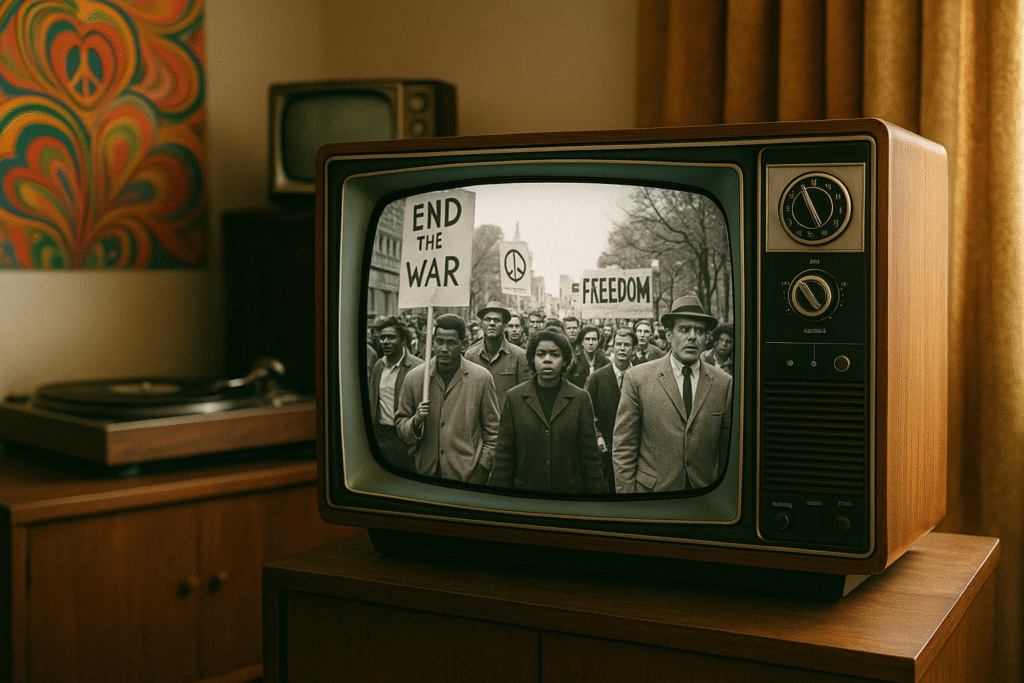 A 1960s television set displays a civil rights protest with signs reading “End the War” and “Freedom,” surrounded by vintage decor in a cozy living room.