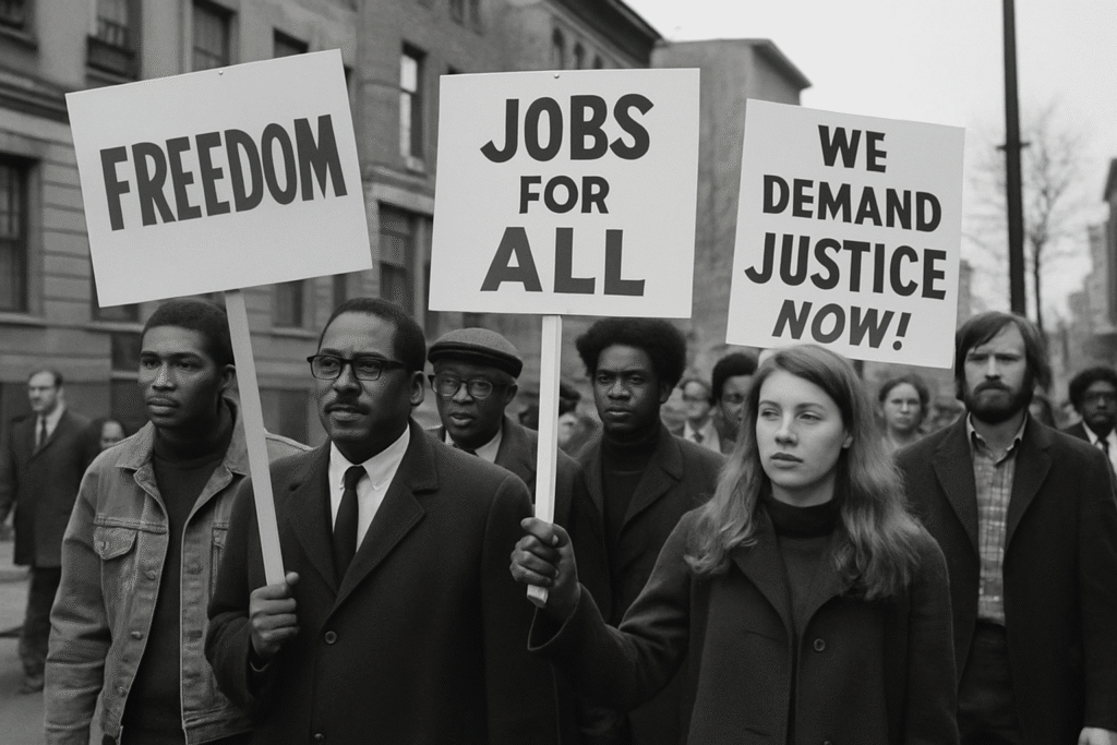 A black and white photograph captures a moment from the 1969 Poor People’s Campaign in Washington, D.C., with protesters gathered in a makeshift encampment known as Resurrection City on the National Mall.