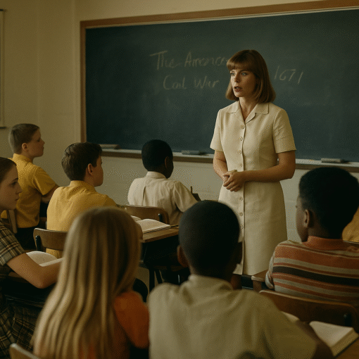 A realistic 1960s classroom scene showing a white female teacher instructing a diverse group of attentive students in a public school setting.