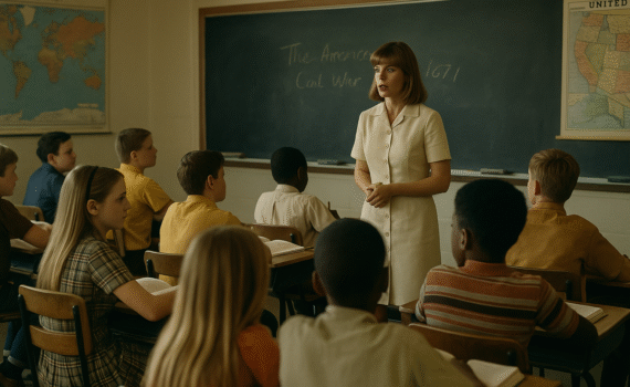 A realistic 1960s classroom scene showing a white female teacher instructing a diverse group of attentive students in a public school setting.