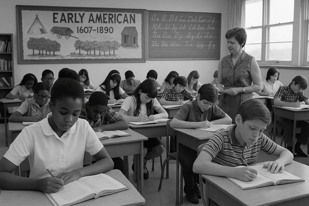 A black and white photograph from 1969 captures a classroom of white American students seated at desks, listening attentively to a male teacher at the chalkboard.