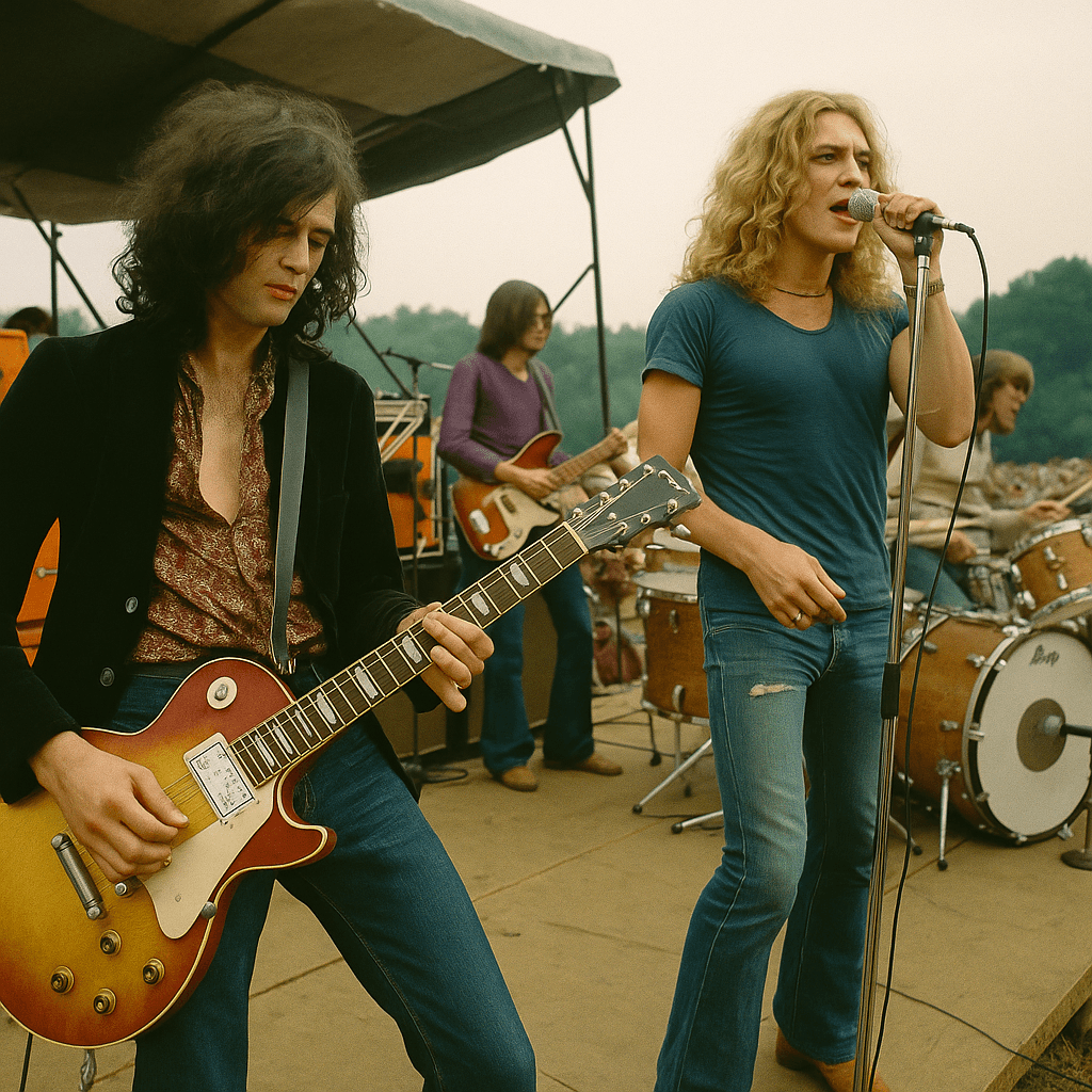 Led Zeppelin performing live at a 1969 outdoor festival, with Jimmy Page playing guitar and Robert Plant singing into a microphone.