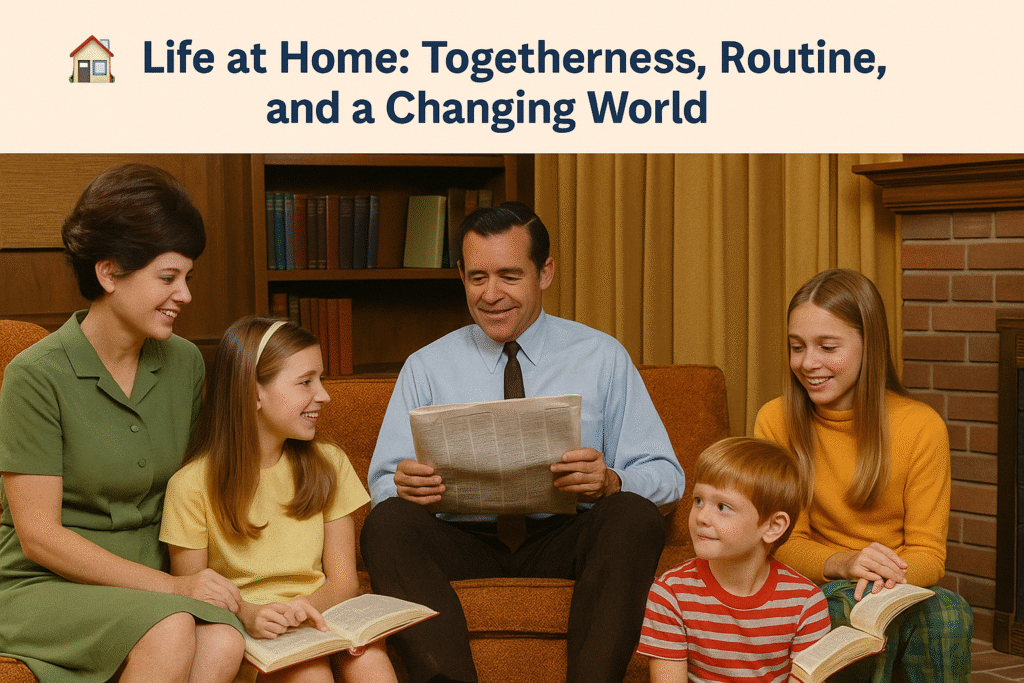 A 1960s American family gathered in a modest living room, watching television together, with wood-paneled walls, patterned carpet, and warm lighting typical of the era.