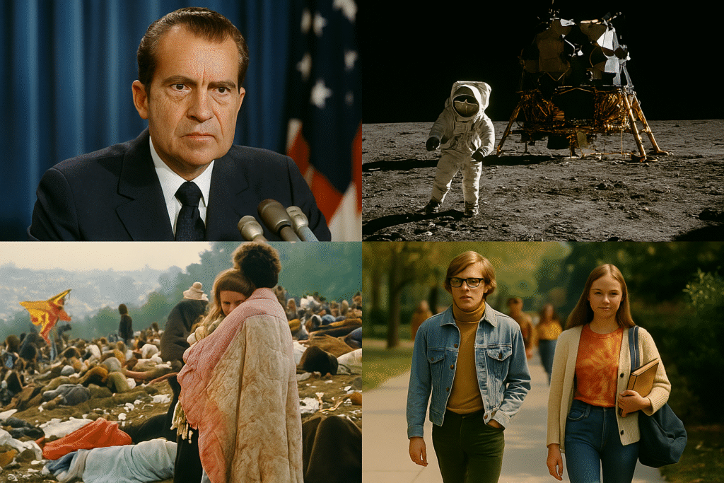A collage of four 1969 cultural moments, including Woodstock, Apollo 11, Richard Nixon, and youth fashion with vintage music influence.