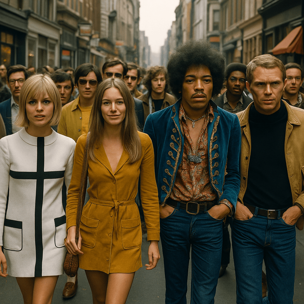 A group of stylish young people walking through a park in 1969, wearing vibrant patterned dresses, bell-bottom pants, and accessories typical of late 1960s fashion.