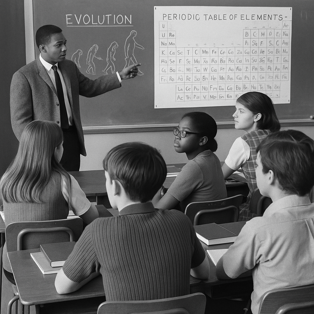 A black and white photograph shows an African American high school student in 1969 using an early computer terminal in a classroom setting, with books and educational materials on the desk.