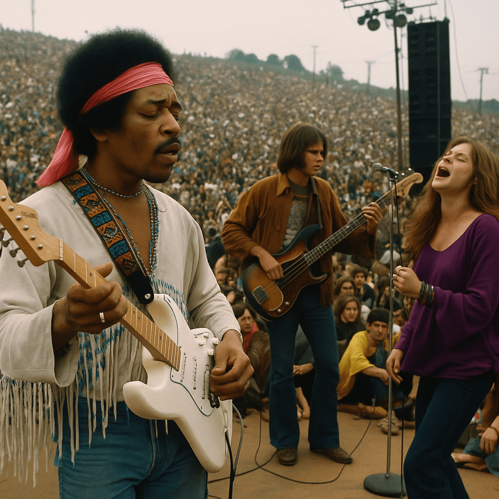 Jimi Hendrix performs at Woodstock alongside Janis Joplin and a bassist, with a massive crowd in the background.