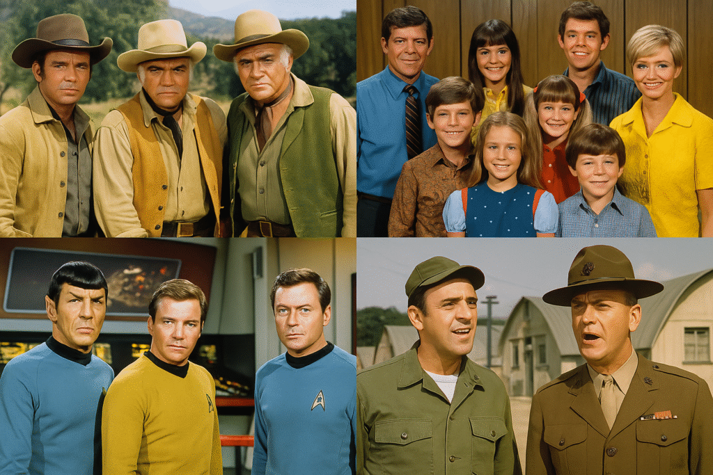 Composite image of Bonanza, The Brady Bunch, Star Trek, and Gomer Pyle, U.S.M.C., with cast members in iconic scenes from each show.