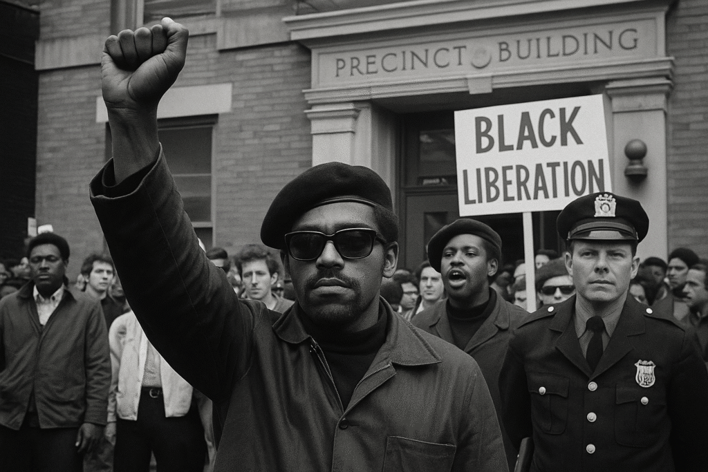 A historical black and white photograph captures a young African American man addressing a diverse crowd during a civil rights rally in 1969, symbolizing youth activism and community solidarity.