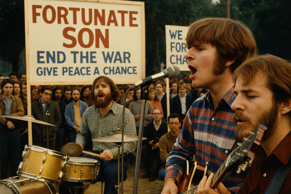 Creedence Clearwater Revival performing live in 1969, with protest signs and an engaged crowd emphasizing anti-war sentiment and cultural unrest.