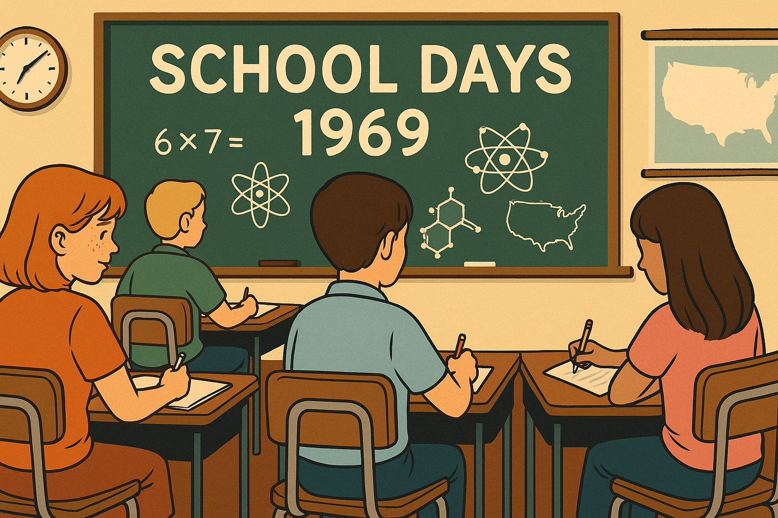 A 1969 American high school classroom with wooden desks, chalkboards, and students wearing late-60s fashion, listening attentively to a teacher at the front of the room.