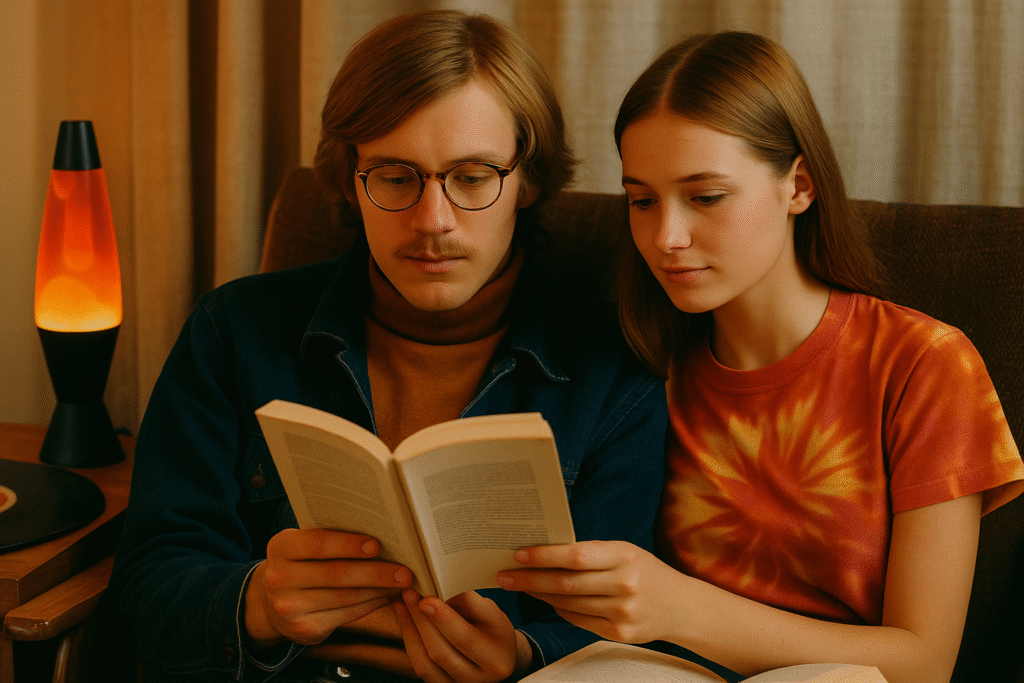 A young man and woman in 1960s attire reading a book and listening to vinyl records in a cozy room lit by a lava lamp.