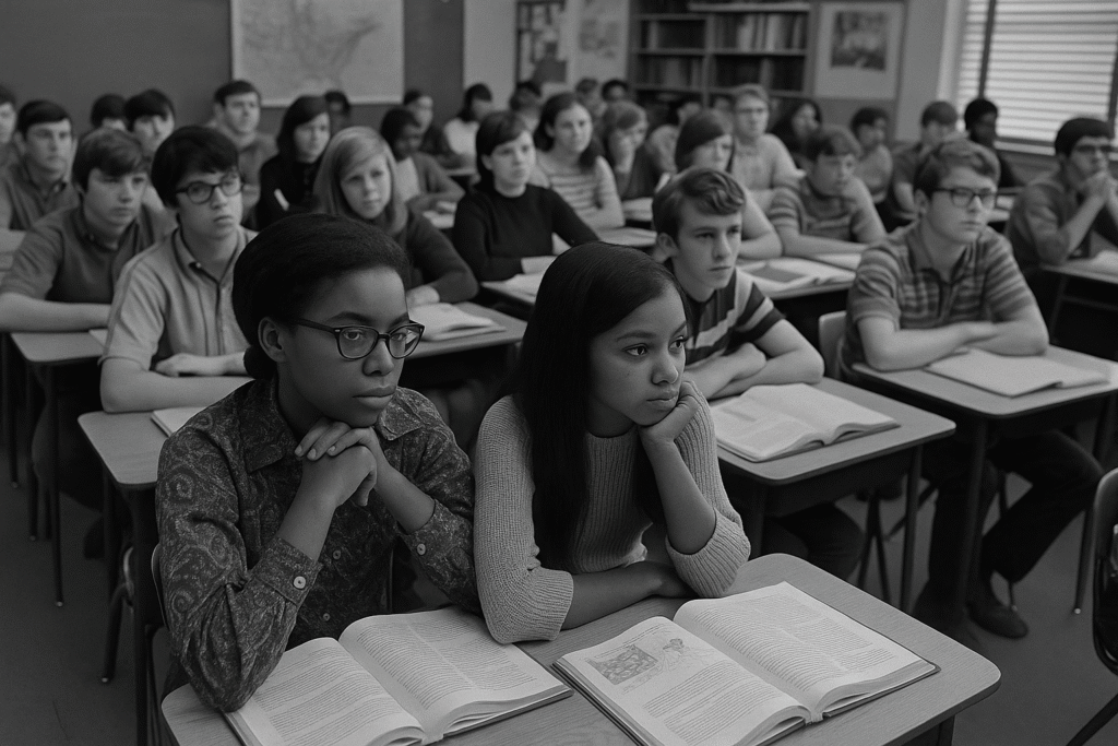 A black and white photograph from 1969 captures a racially segregated classroom in a rural American school, with minimal educational materials and students of color attentively listening to a teacher.